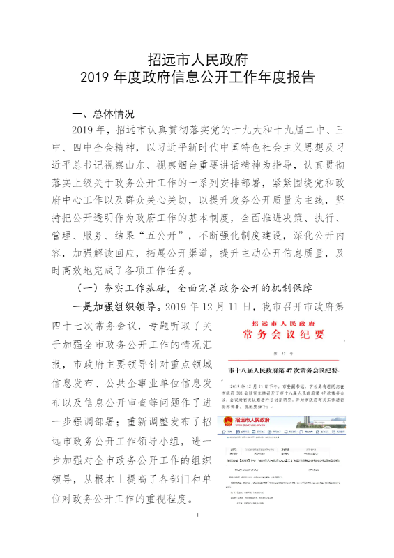 招远市人民政府2019年度政府信息公开工作年度报告