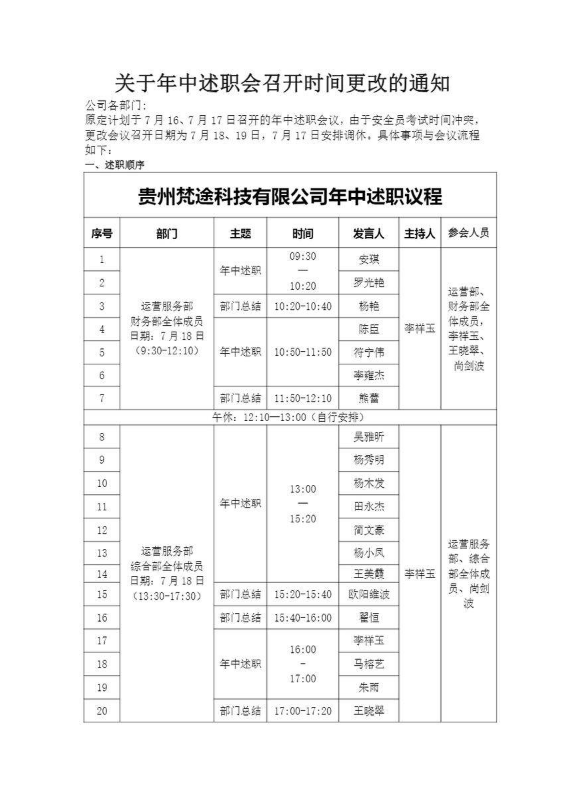 年中述职会时间更改及具体议程通知