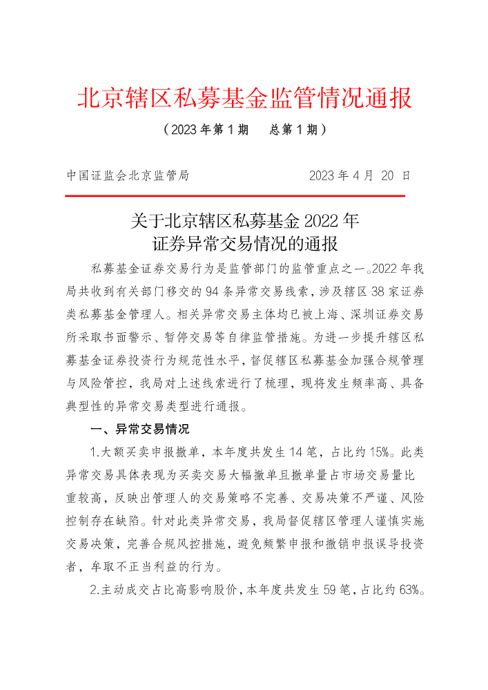 北京辖区私募基金监管情况通报（第一期）