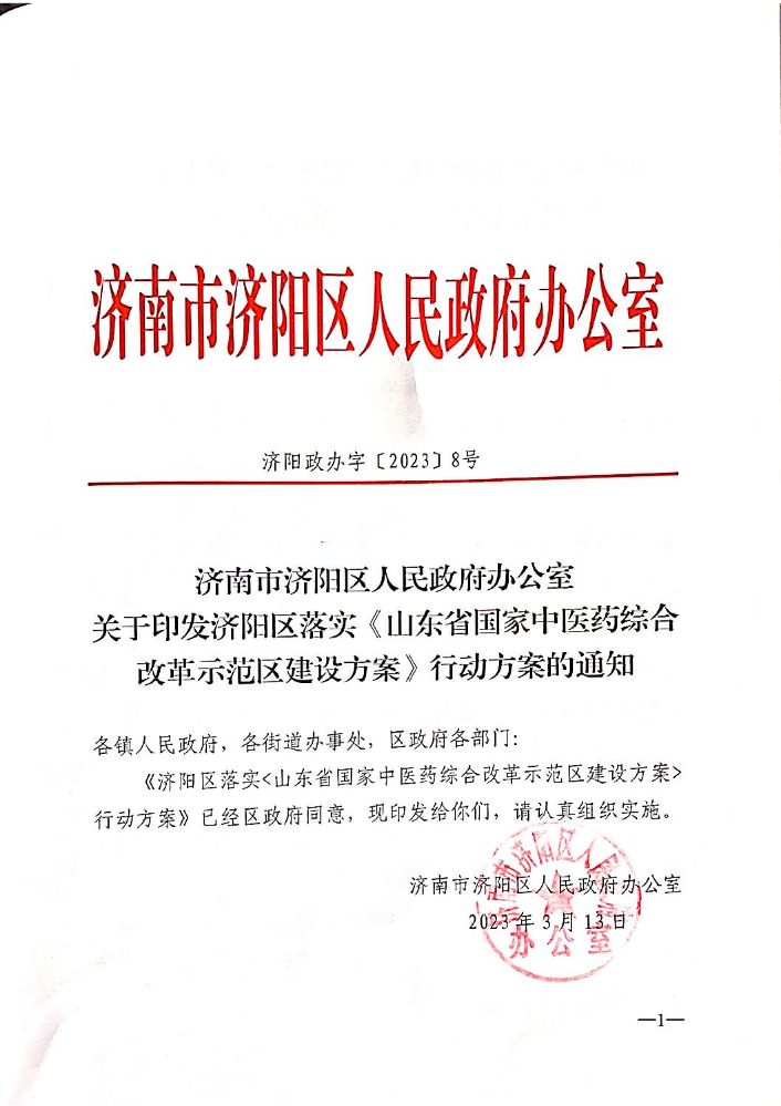 关于印发济阳区落实《山东省国家中医药综合改革示范区建设方案》行动方案的通知（济阳政办字〔2023〕8号）