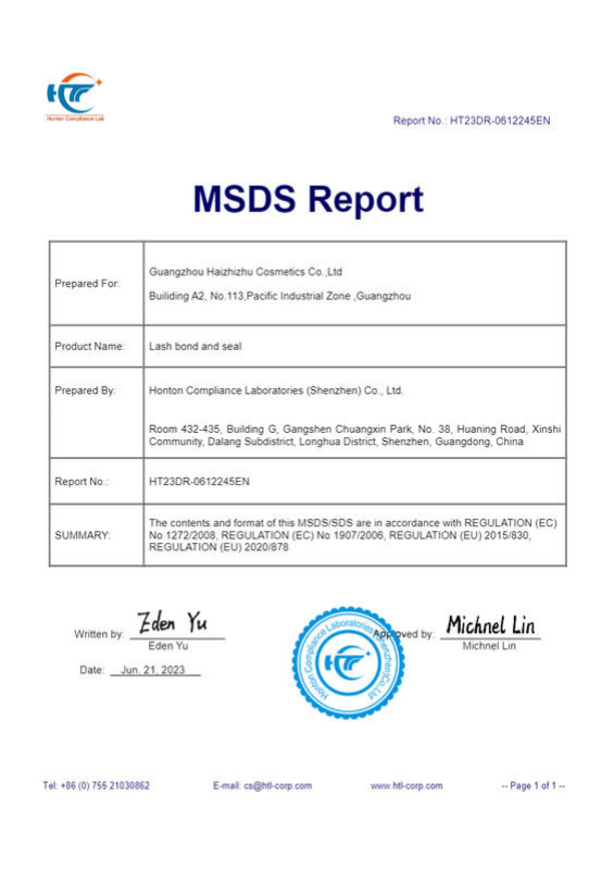 2023-msds检测报告HT23DR-0612245EN MSDS report Haizhizhu lash bond and seal