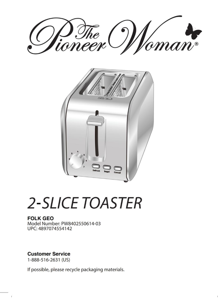 The Pioneer Woman 2 Slice Toaster Folk Geo User Manual