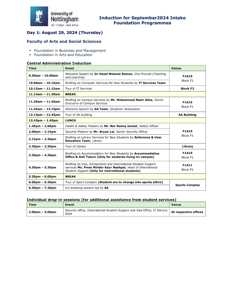 2024年09月学期马来西亚诺丁汉大学基础预科入学典礼日程安排