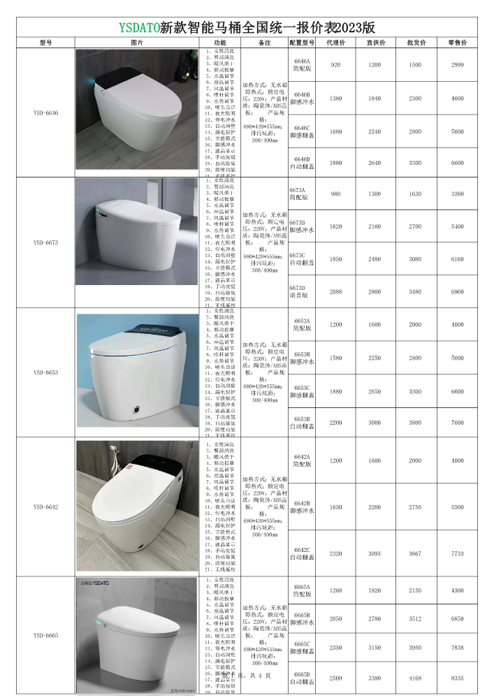 新款智能马桶（代理价报价表）0628