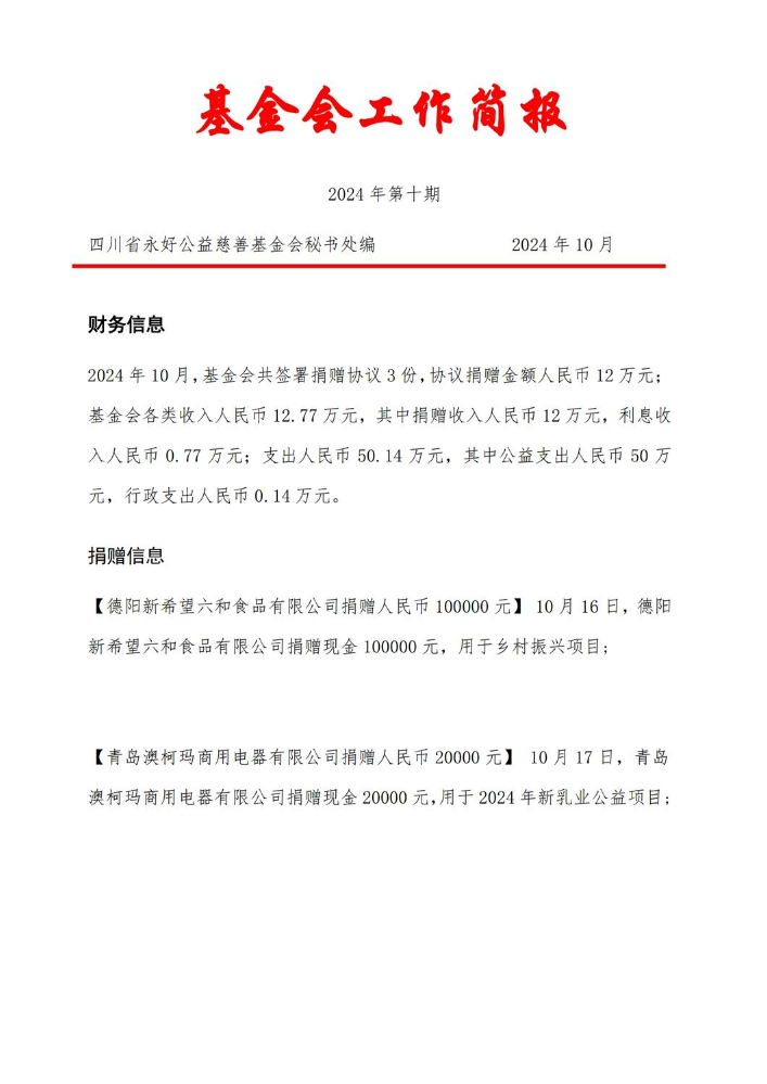 四川省永好公益慈善基金会2024年第10期工作简报