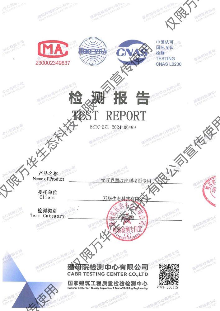 无醛界面改性剂墙面专用性能检测报告