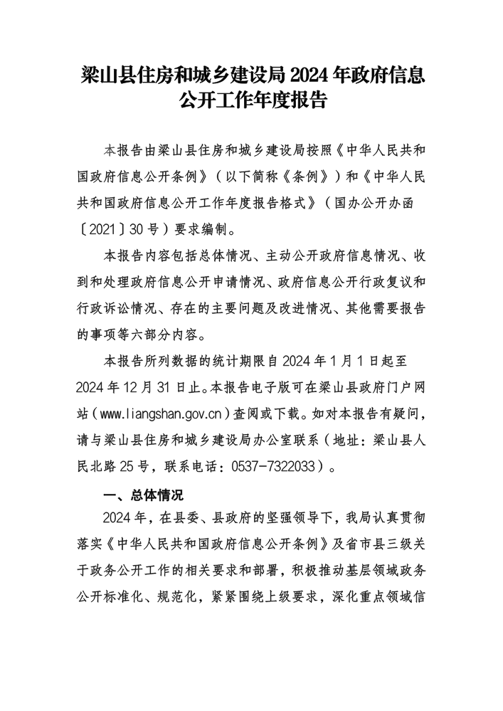 梁山县住房和城乡建设局2024年政府信息公开工作年度报告