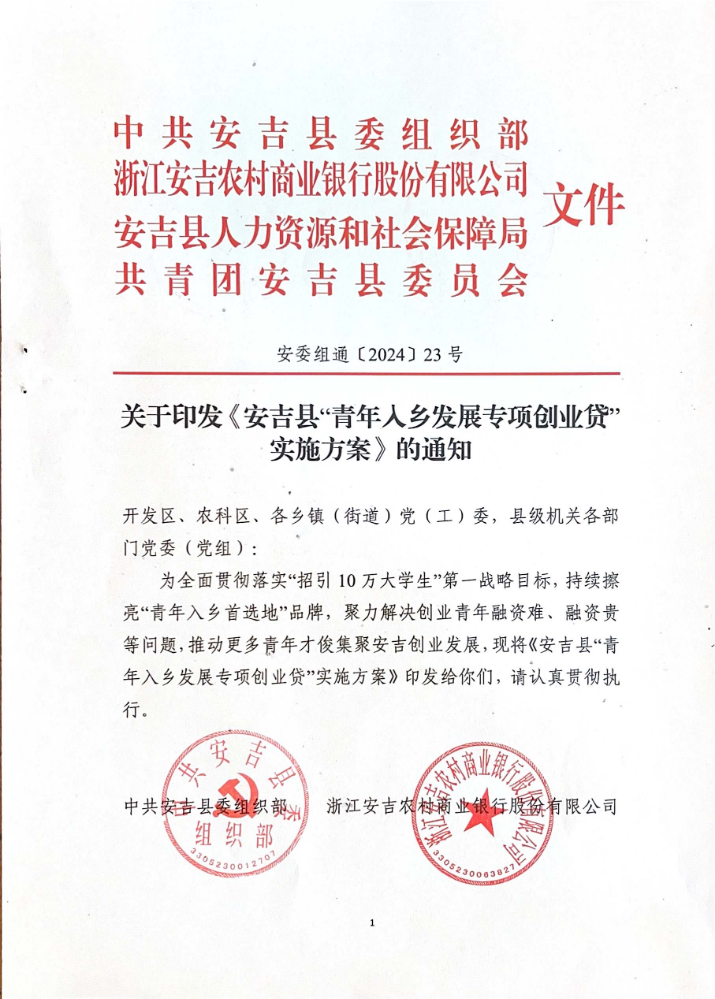 安吉县“青年入乡发展专项创业贷”实施方案20241021套红头(1)(1)