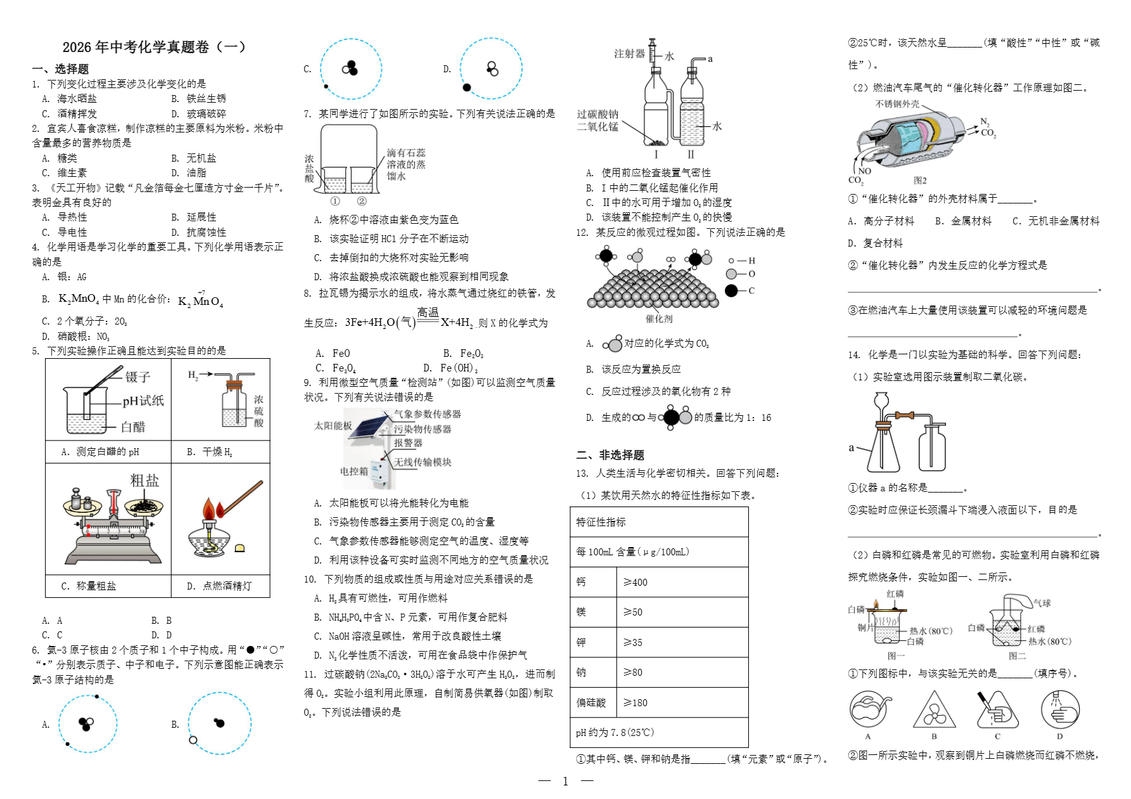 2026年中考化学真题卷（雅安地区）