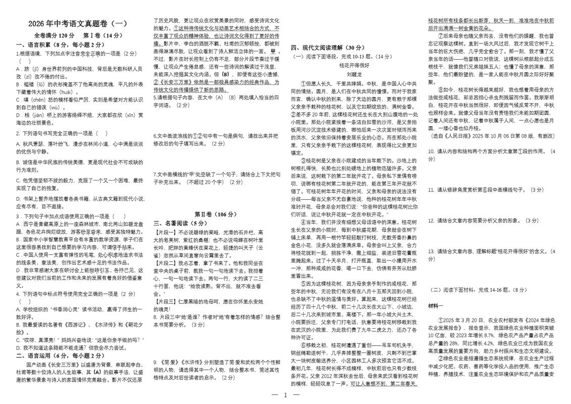 2026年中考语文真题卷（雅安地区）