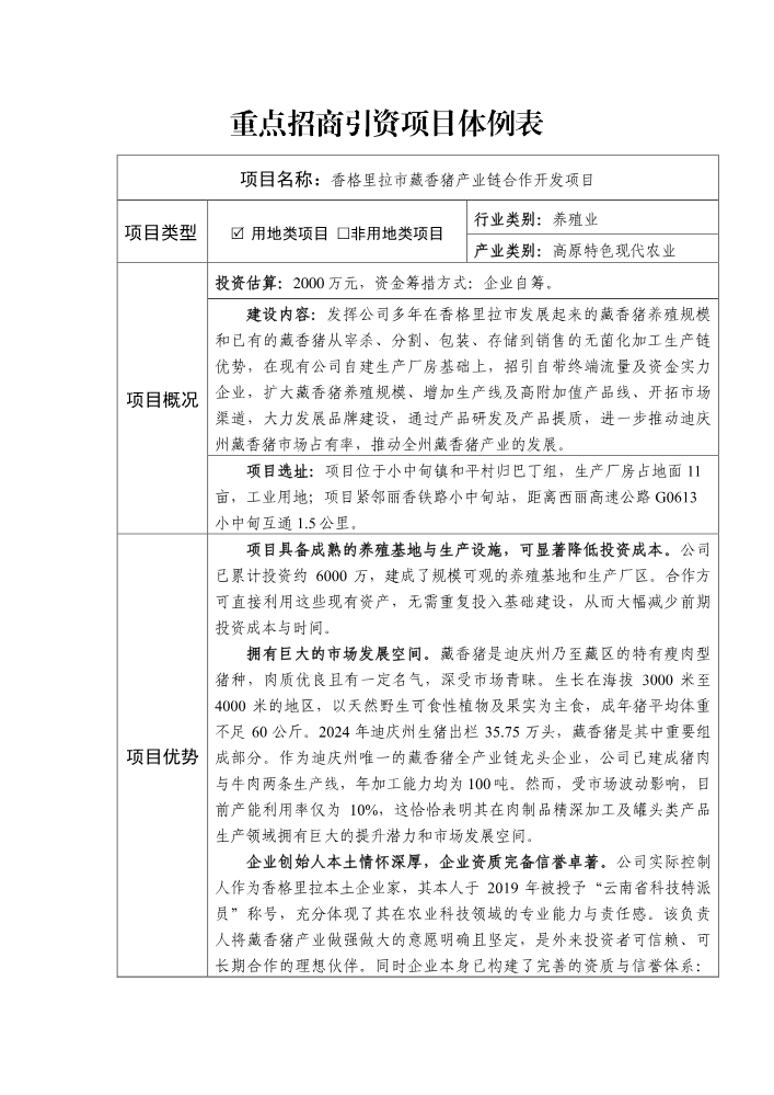 香格里拉市藏香猪产业链合作开发项目