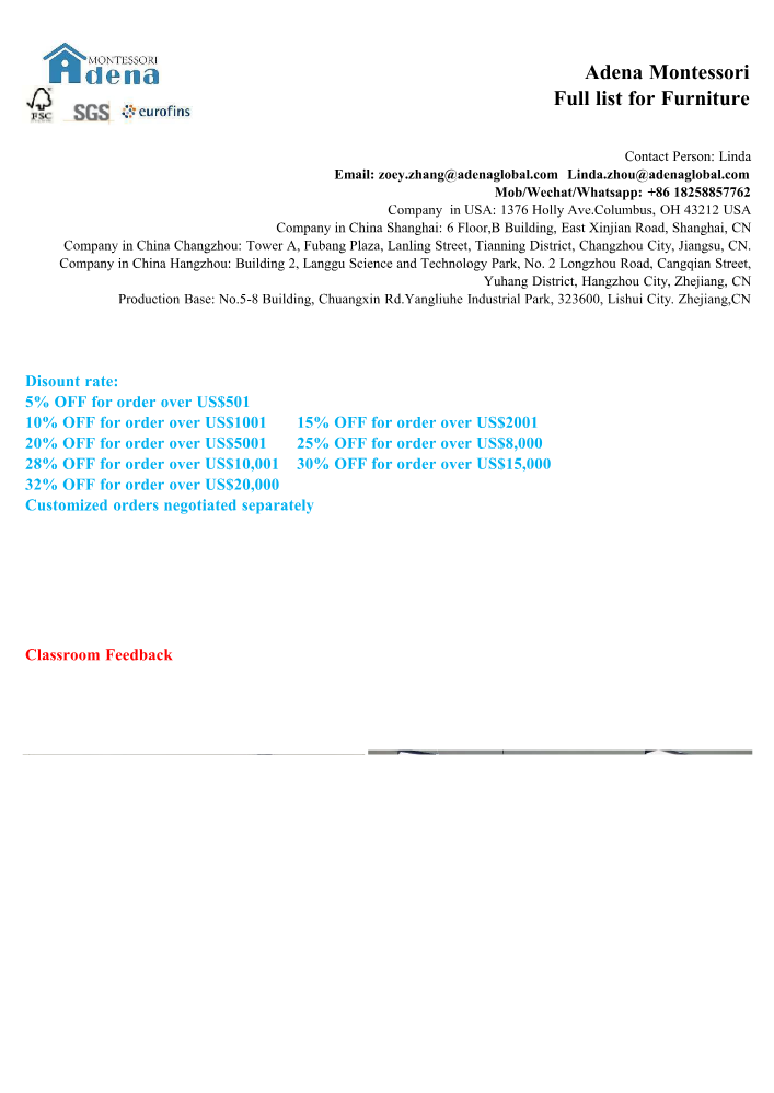 ADENA MONTESSORI FURNITURE LIST
